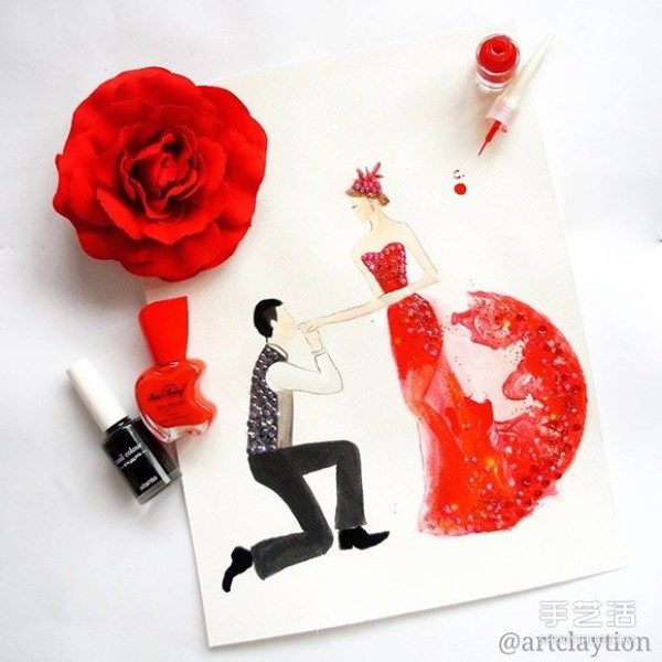 Nail polish art fashion painting uses nail polish to draw a gorgeous evening dress