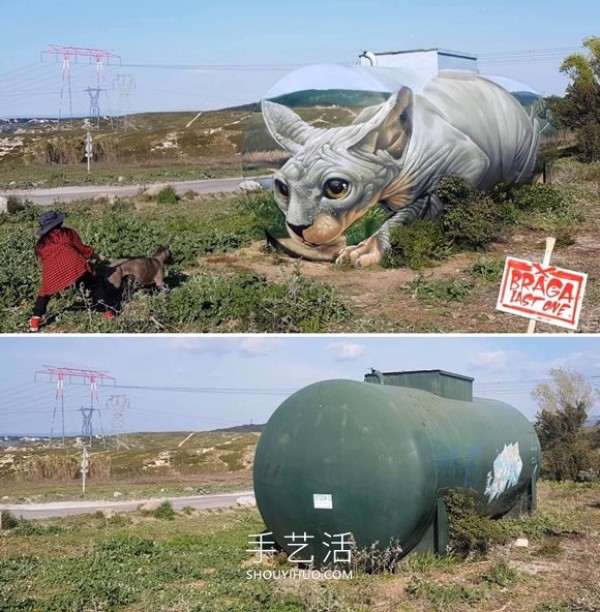 A street artist uses spray paint to transform a petrol tank into a sphinx cat