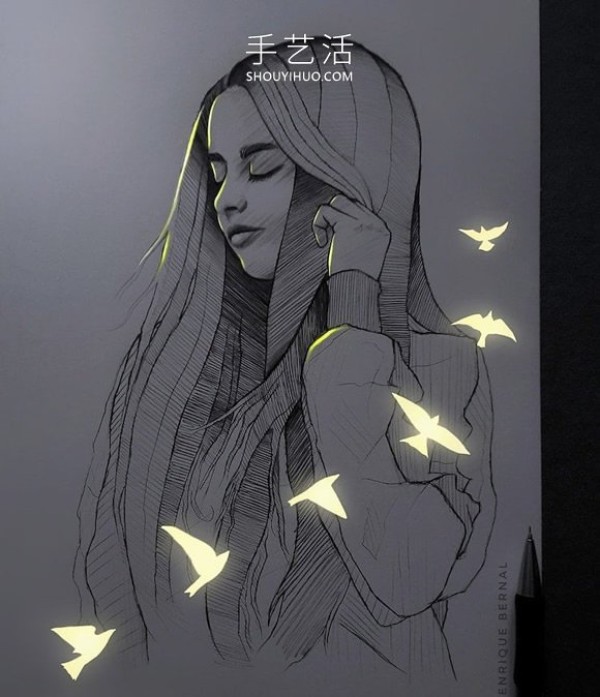 Creative pencil drawing DIY that looks like its illuminated by fluorescent lights