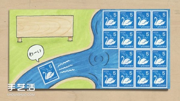 The creative hand-painted envelope combined with stamps makes me want to write a letter after reading it! 