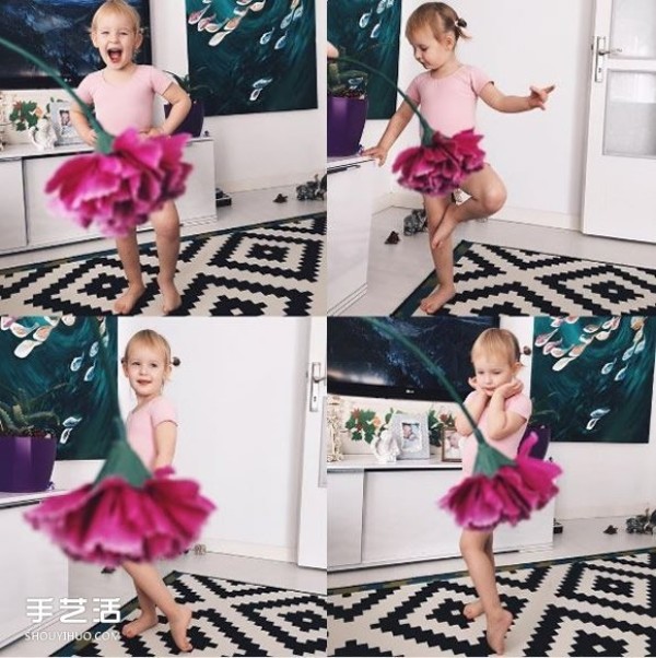 Creative childrens photo: The little girl puts on the cute fruit and vegetable dress made by her mother