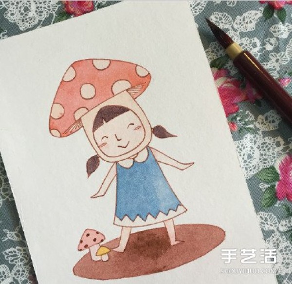 The drawing of a cute little girl playing the role of a mushroom teaches you how to color