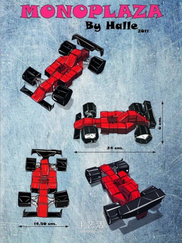 Illustration of the origami method of the formula racing car. The work looks very realistic! 