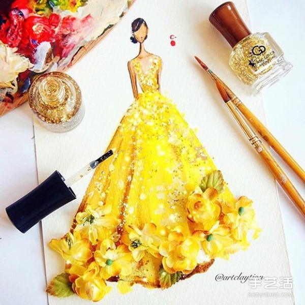 Nail polish art fashion painting uses nail polish to draw a gorgeous evening dress