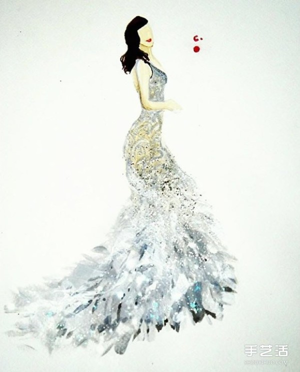 Nail polish art fashion painting uses nail polish to draw a gorgeous evening dress