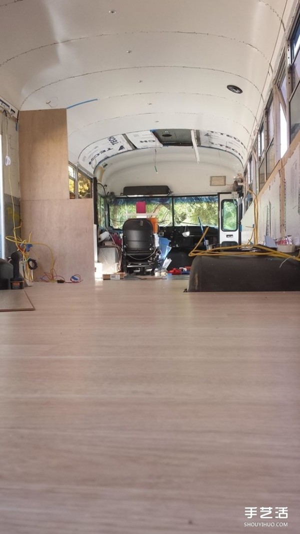 A scrapped school bus is transformed into a mobile mansion for a trip that can be taken anytime