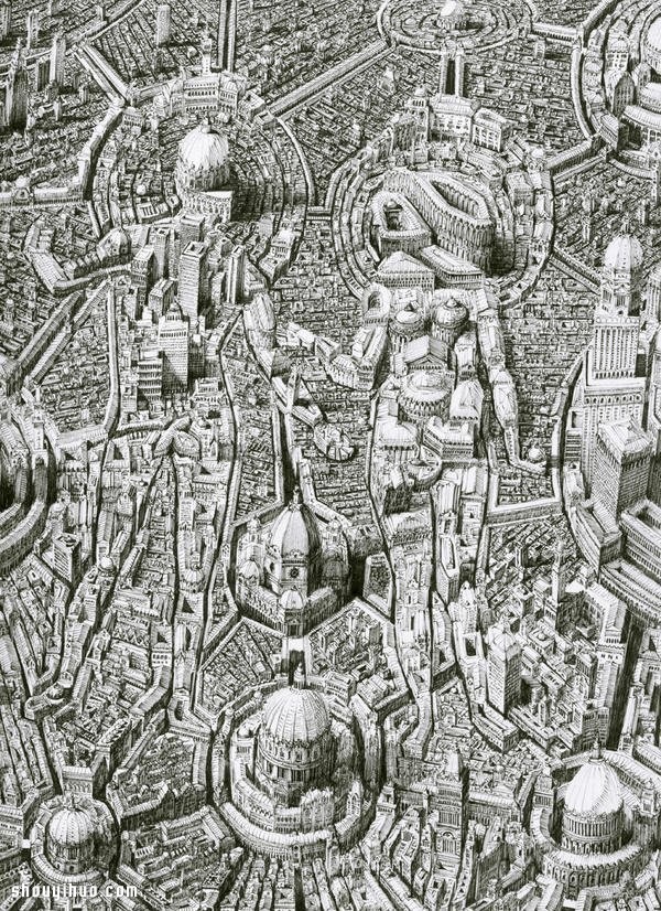 Ben Sack uses a syringe pen to draw a fantasy world like an alien city