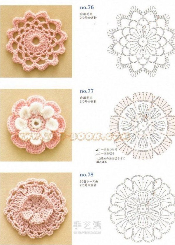 Knitting illustrations of 6 flower-shaped coasters to crochet round and square coasters