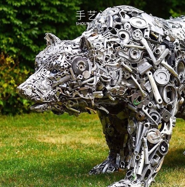 Reusing scrap metal such as bolts to make life-size animal sculptures