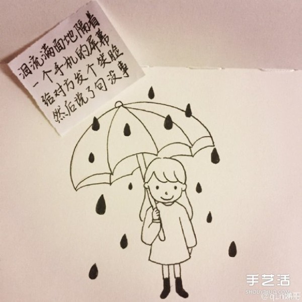 Picture tutorial on how to draw a little girl holding an umbrella in the rain