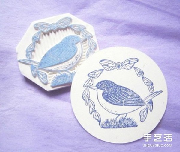 Cute and fresh cat, bird and flower rubber stamp pattern material