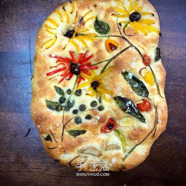 Focaccia bread is used as a canvas to create Van Gogh style art paintings