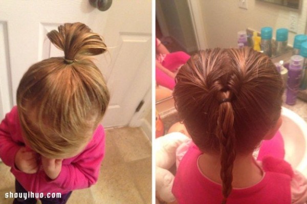 A very loving father, after being trained, to help her daughter to tie into various kinds of braided hair.