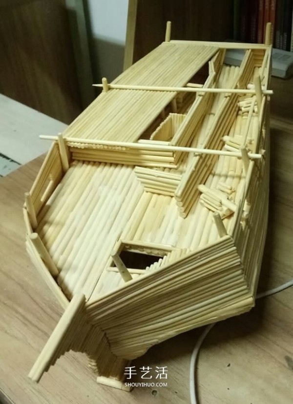 The ancient warship model is hand-made with disposable chopsticks