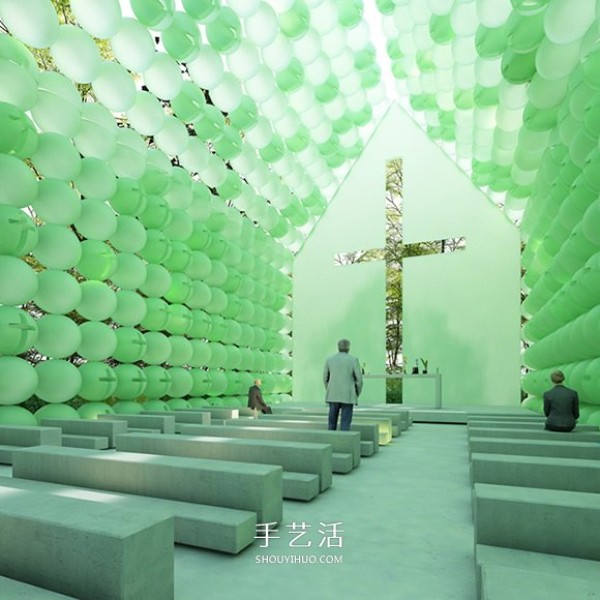 It seems like it will fly away in the next second! Green sphere church surrounded by forest