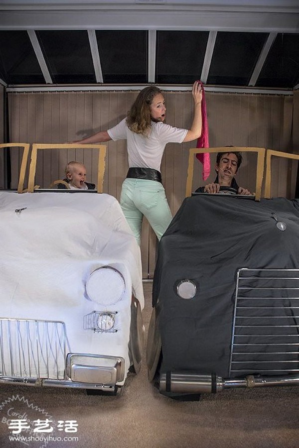 The role-playing time of a family of three in a homemade movie scene from a cardboard box