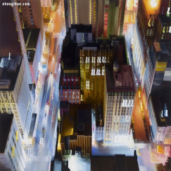 Abstract painting of New York City night scene with psychedelic interweaving of light and shadow