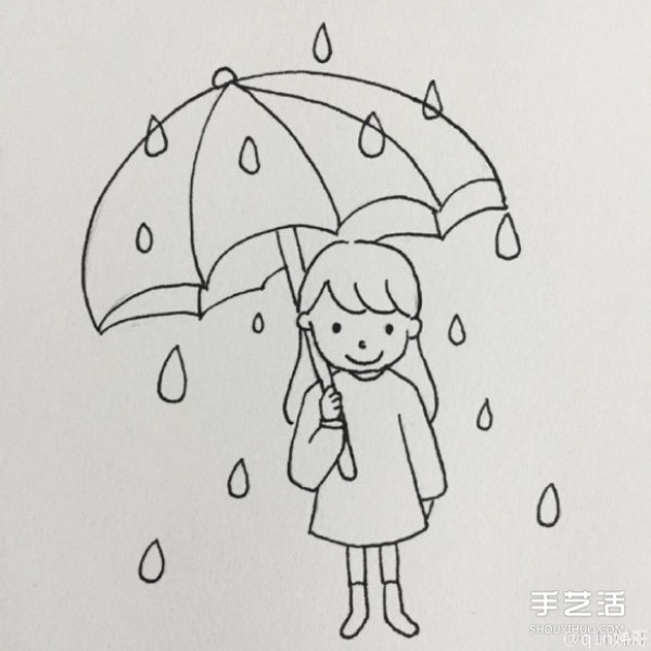 Picture tutorial on how to draw a little girl holding an umbrella in the rain