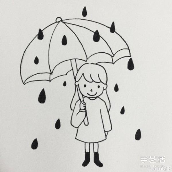 Picture tutorial on how to draw a little girl holding an umbrella in the rain