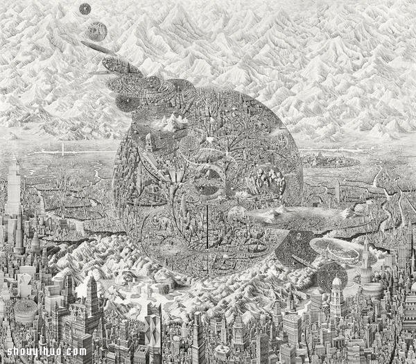 Ben Sack uses a syringe pen to draw a fantasy world like an alien city