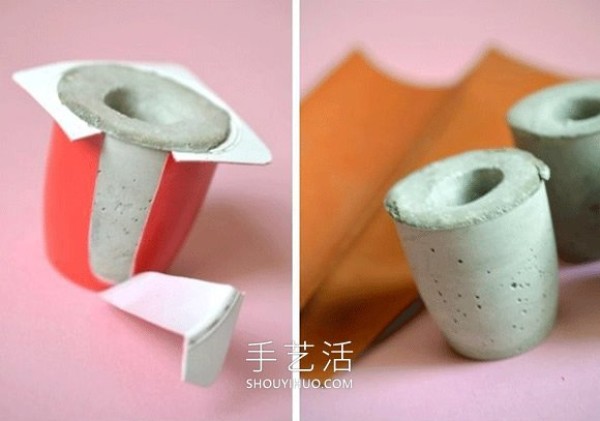 Tutorial on how to make hand-made cement candle holders using yogurt boxes as molds