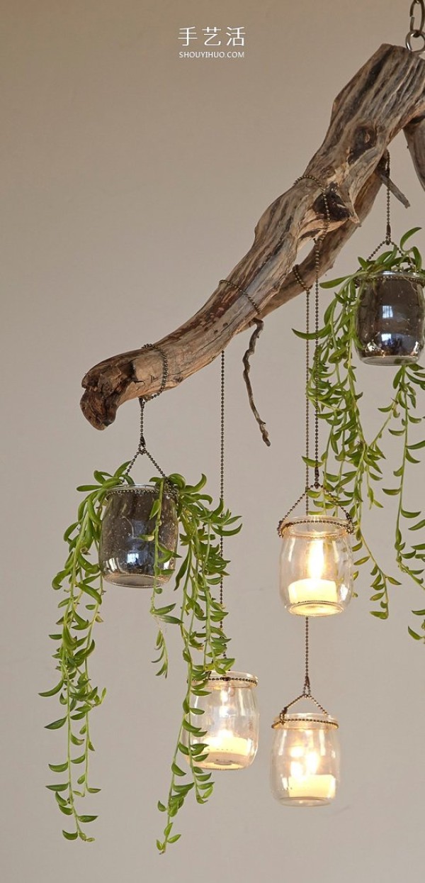 Charming chandelier decoration! Reuse of dead branches and glass jars DIY