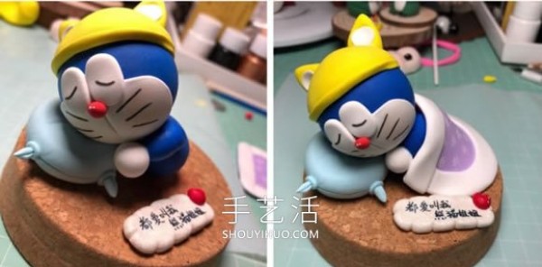 Illustration of how to make a sleeping Doraemon by hand using ultra-light clay