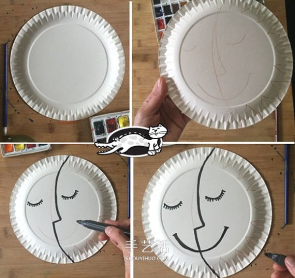 Tutorial on making sun and moon ornaments on paper plates in kindergarten