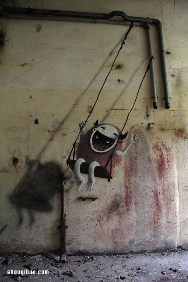 Monsters are not scary! Cute abandoned warehouse monster graffiti art