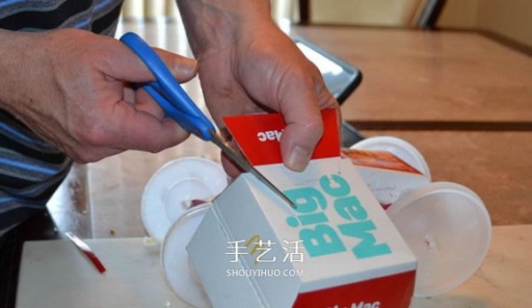 McDonalds packaging boxes are used to make a hand-made cool racing car model