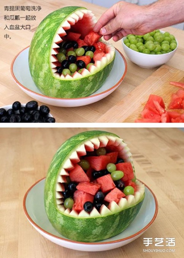 Tutorial on how to make a simple watermelon carving and arranging it into a shark fruit plate