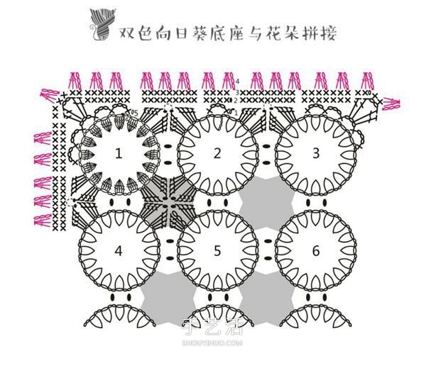 Illustration of how to crochet a square cushion with tassels, two-color sunflower pattern~