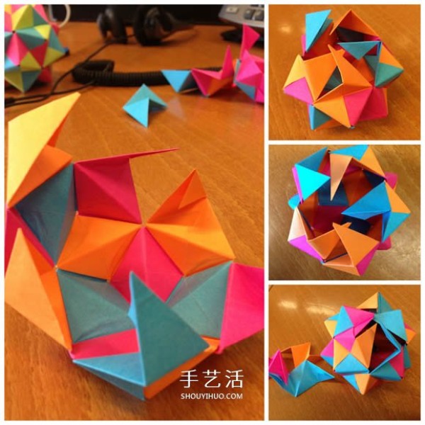 Illustrations of folding origami icosahedron, beautiful desktop decoration! 