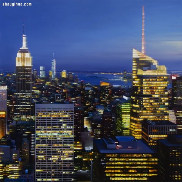 Abstract painting of New York City night scene with psychedelic interweaving of light and shadow