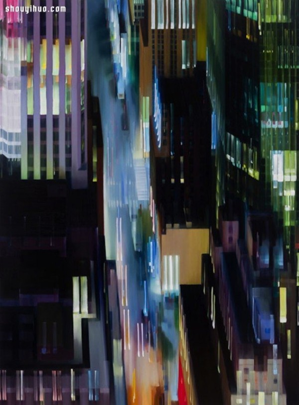 Abstract painting of New York City night scene with psychedelic interweaving of light and shadow