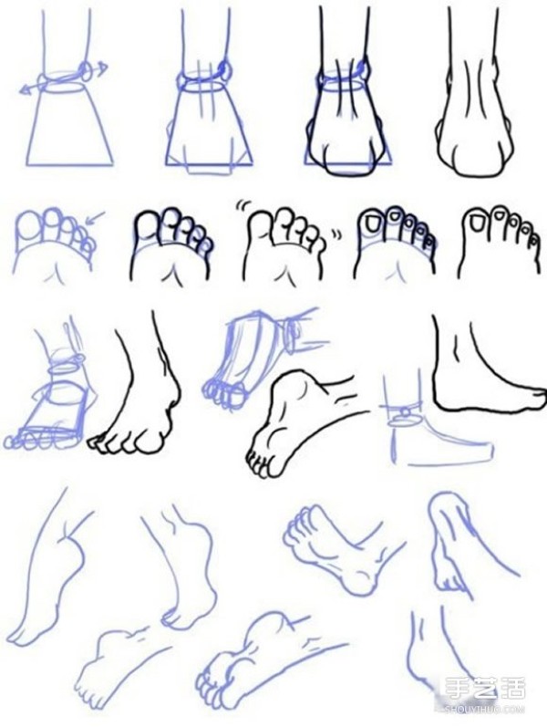 Illustrations of how to draw feet of different shapes, step-by-step drawings of foot sketches