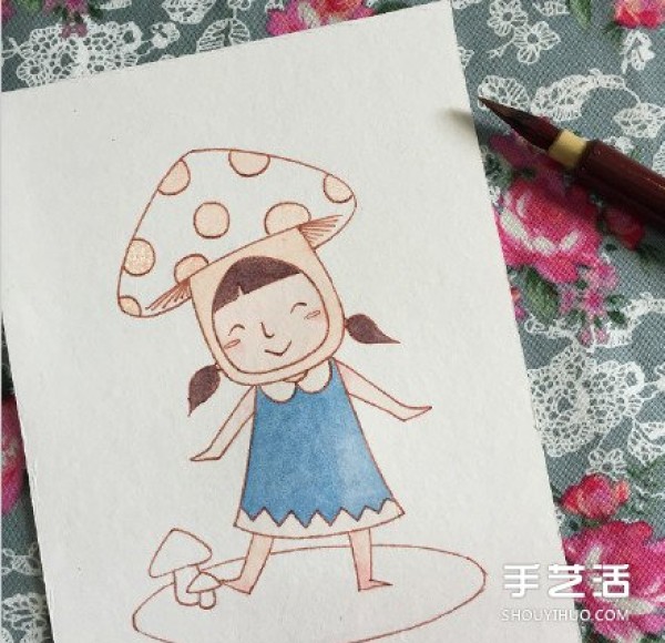 The drawing of a cute little girl playing the role of a mushroom teaches you how to color