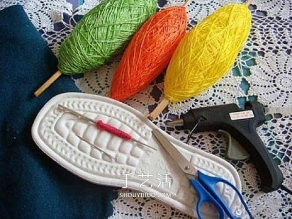 Illustration of hand-woven flip-flops with lively colors and weave