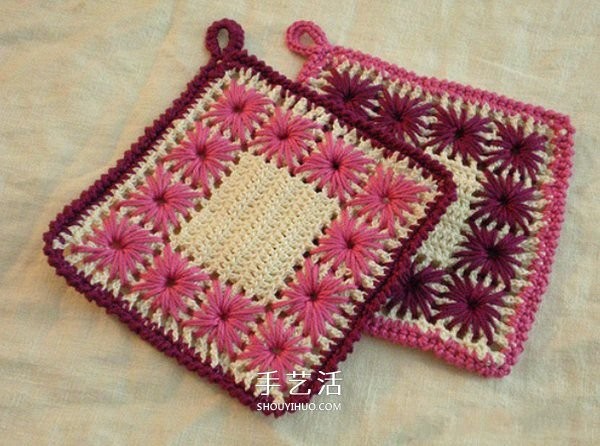 Illustrated crocheting method of handmade square woolen coasters for crocheted flower coasters