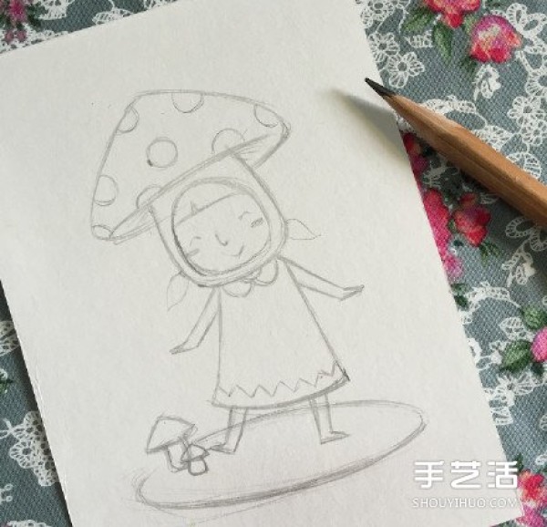 The drawing of a cute little girl playing the role of a mushroom teaches you how to color