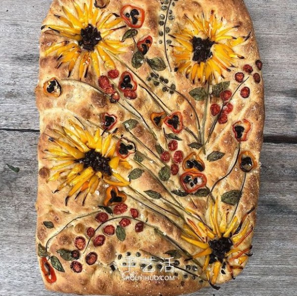 Focaccia bread is used as a canvas to create Van Gogh style art paintings