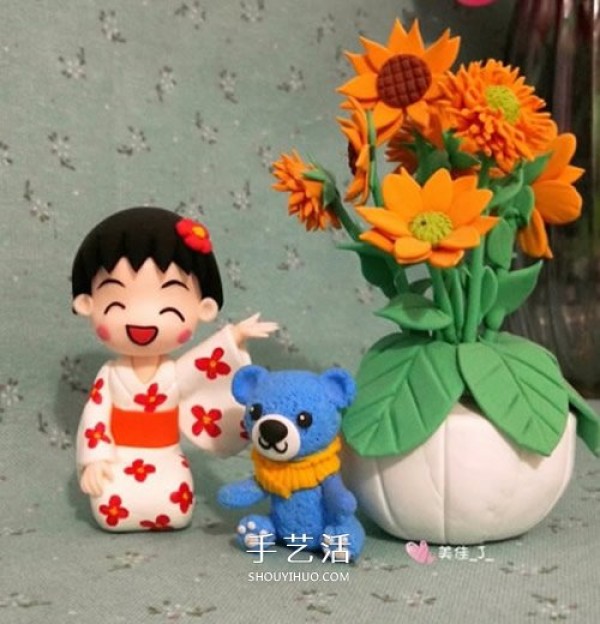 Ultra-light clayHandmade Chibi Maruko-chan wearing kimono figure