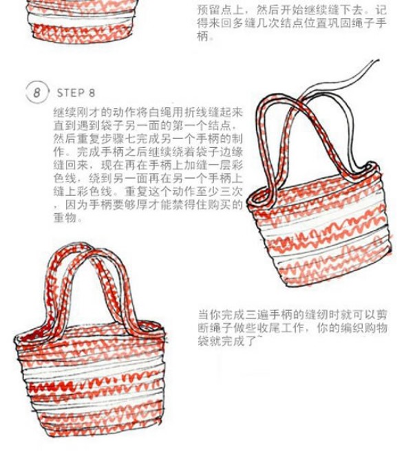 Illustration of how to make a small fresh woolen shopping bag with a sewing machine