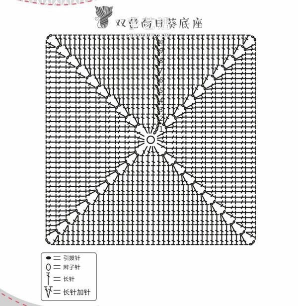 Illustrated crochet pattern of a square cushion with tassels and a two-color sunflower pattern~