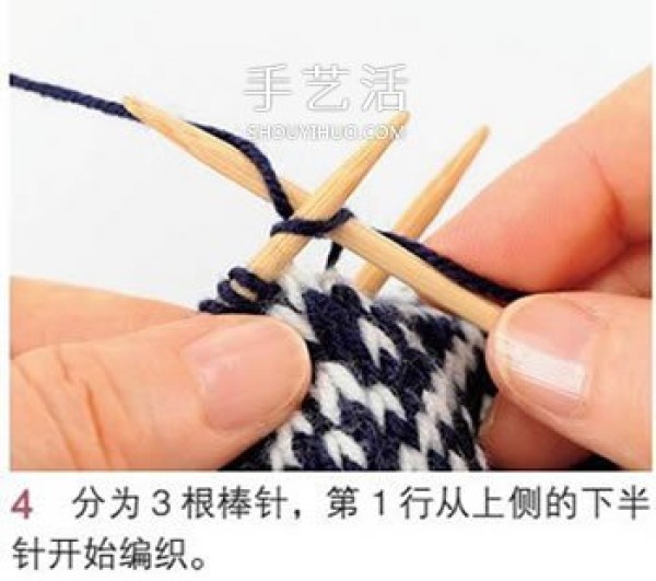 Illustration of knitting mittens with beautiful patterns using wool