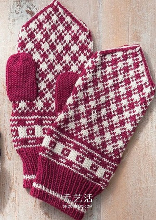 Illustration of knitting mittens with beautiful patterns using wool