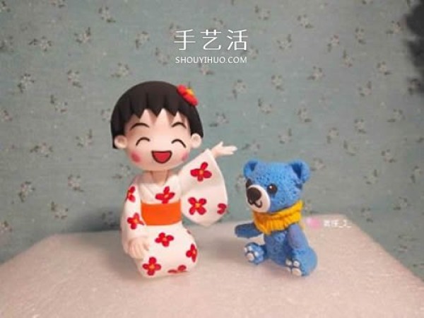 Ultra-light clay handmade figure of Chibi Maruko-chan wearing kimono