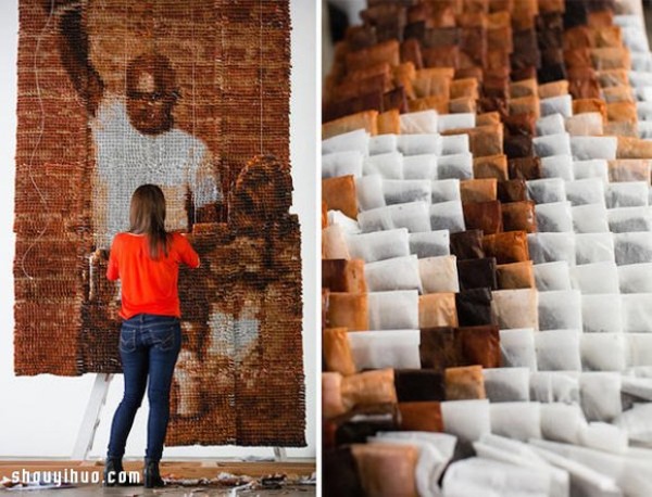 Twenty thousand tea bags create a large portrait of a "Teh Tarik Man" Like