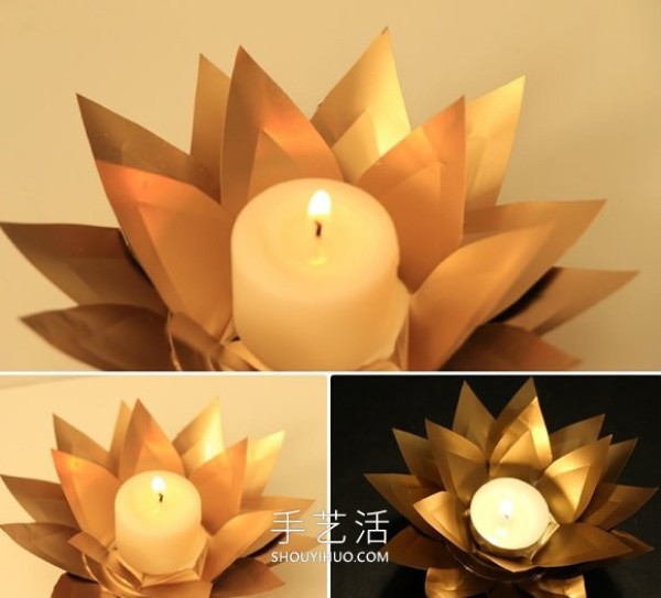 The golden lotus candle holder made from Coke cans is so beautiful! 