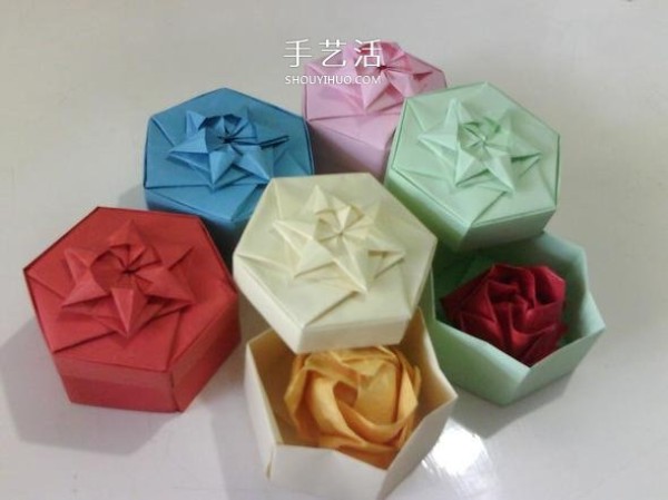 Illustration on how to fold a hexagonal paper box with origami gift box with hexagonal star pattern